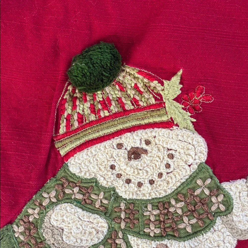 Pottery Barn Festive Red Melting Snowman Crewel Embroidered Pillow Cover 18x18